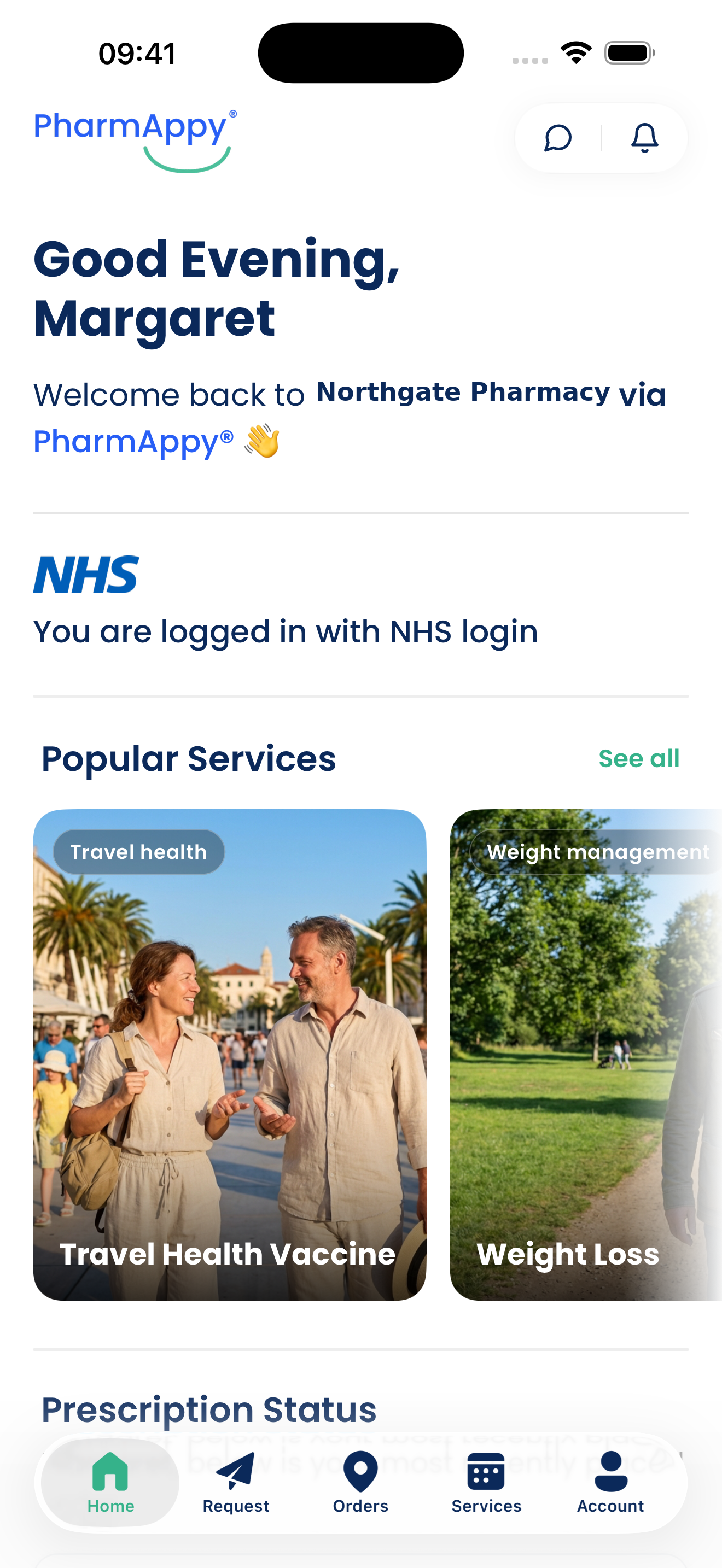 Northgate patient app home screen with prescription status and services