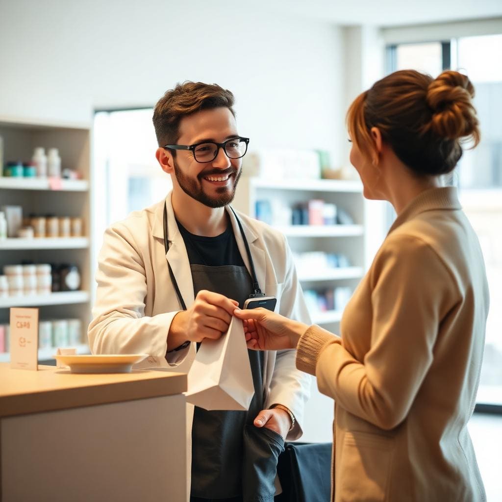 Pharmacist at Northgate handing a prescription to a patient