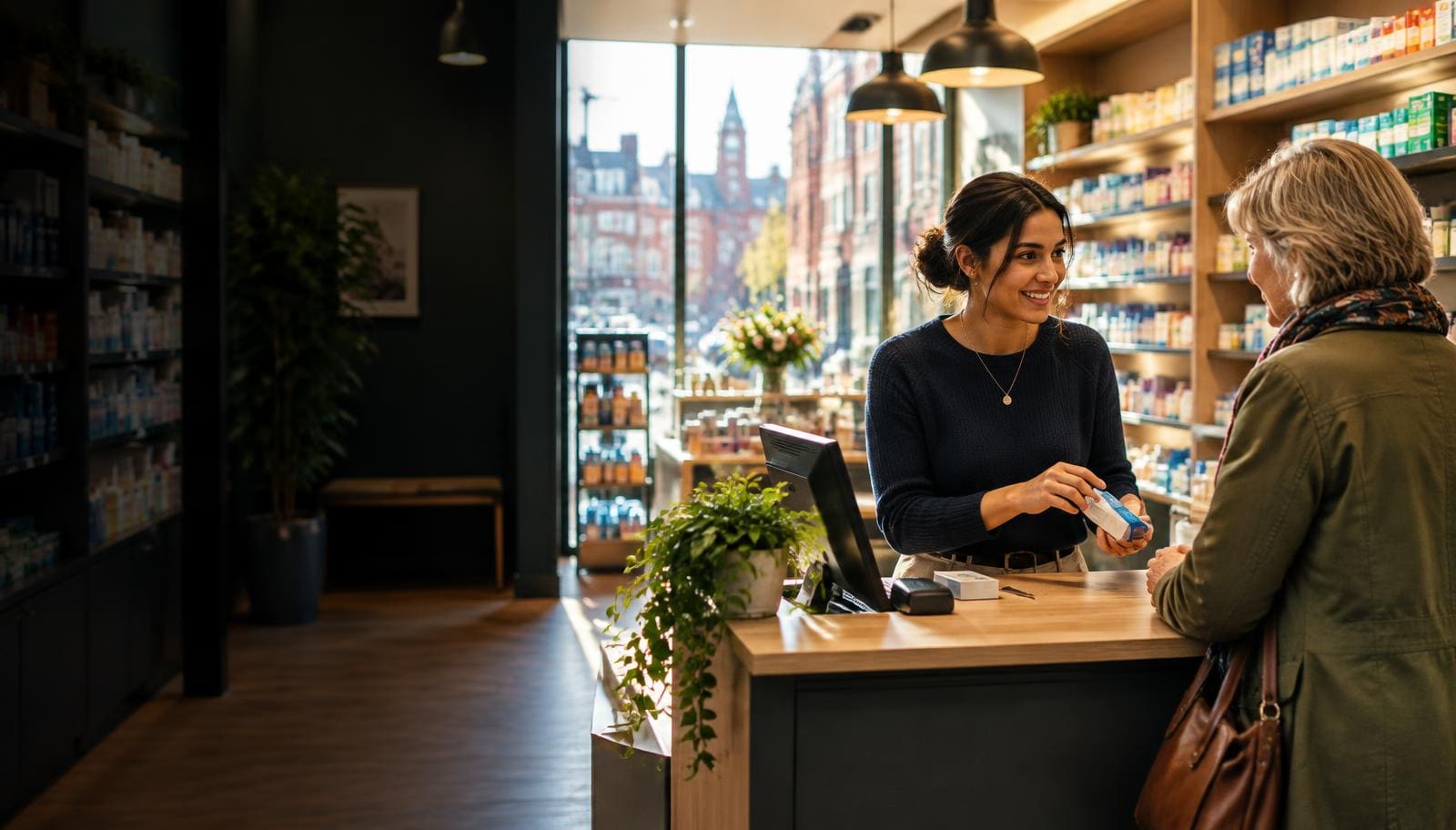 A pharmacist helping a patient in a community pharmacy